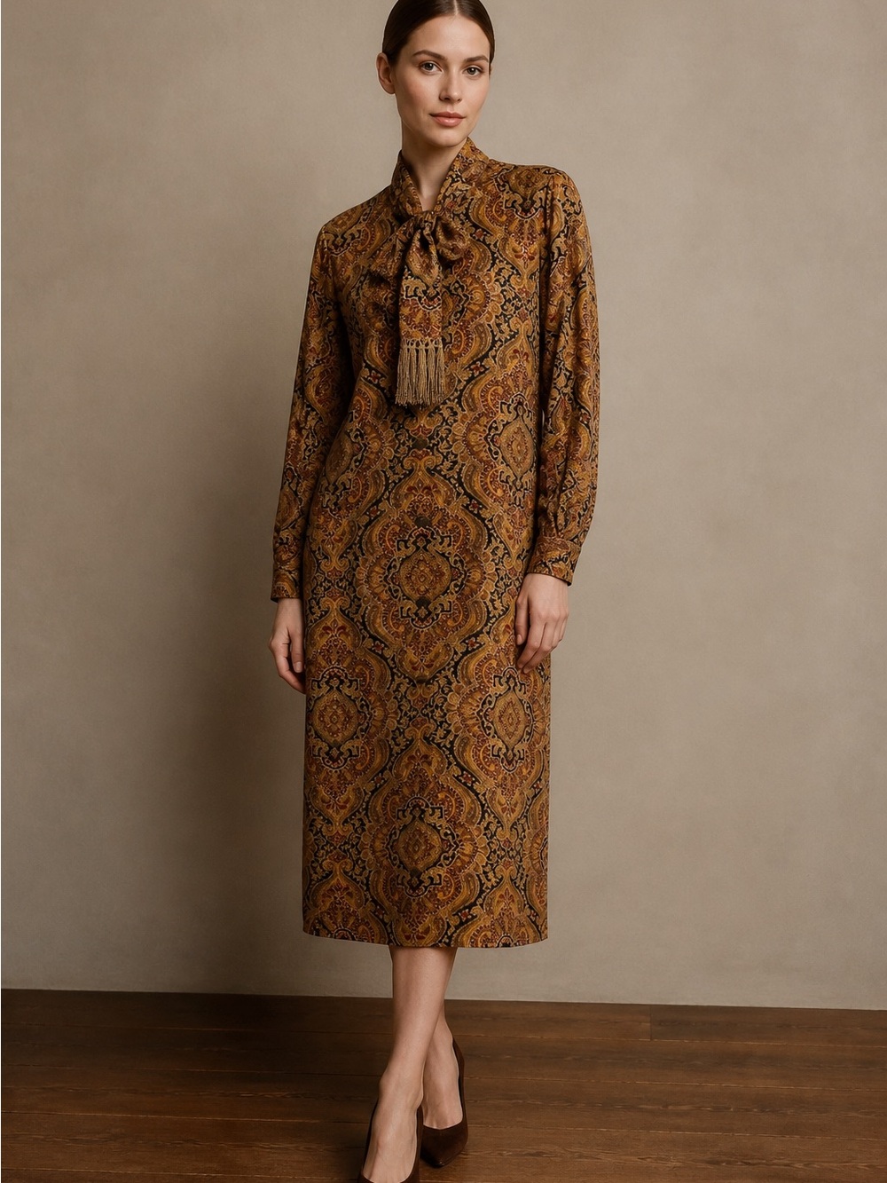 Dana Buchman Silk Detached Necktie Sash Paisley Button Up Women 10 Midi Dress